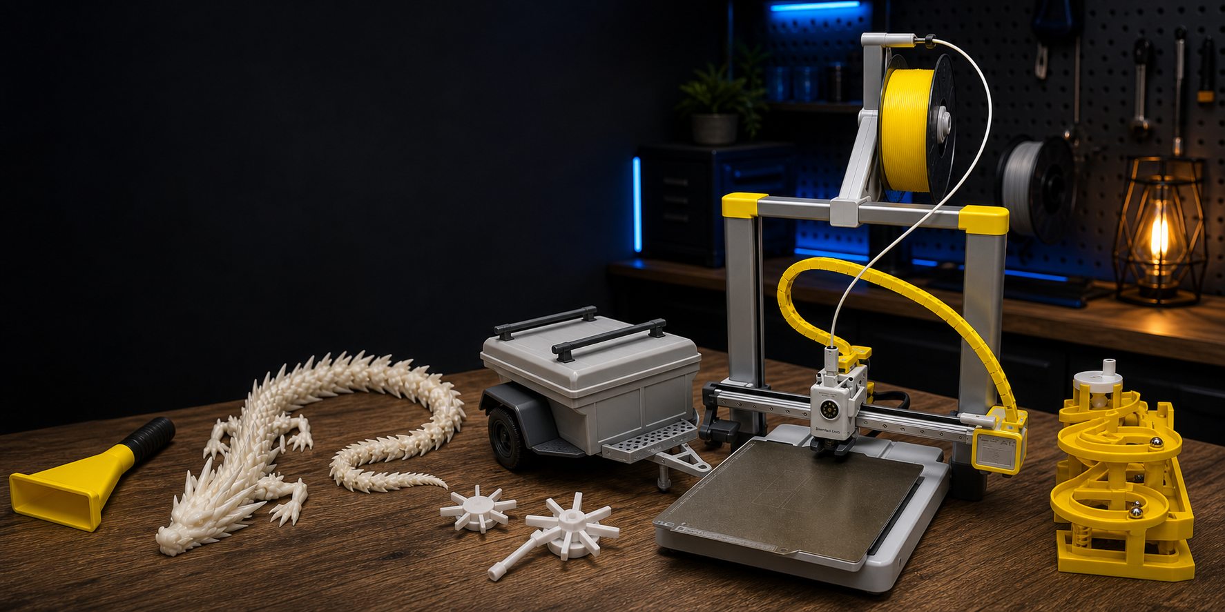 A modern 3D printer and finished printed parts on a dark workshop table.